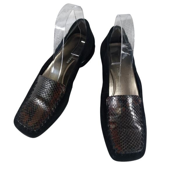 ENZO ANGIOLINI! BLACK GENUINE SUEDE LEATHER, BROWN LIZARD INSET LOAFER HEELS! 8M - Picture 3 of 10